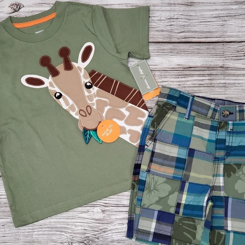 NEW Gymboree Summer Safari Embroidered T-Shirts, Patchwork Shorts, & Cap Bundle